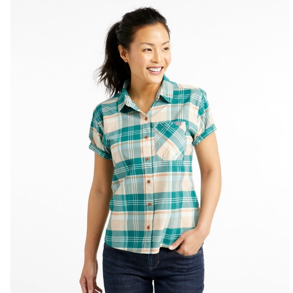 L.L.Bean teal plaid short sleeve beach cruiser button up top, size medium
